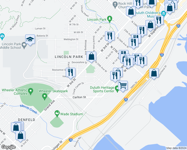 map of restaurants, bars, coffee shops, grocery stores, and more near 3001 Vernon Street in Duluth
