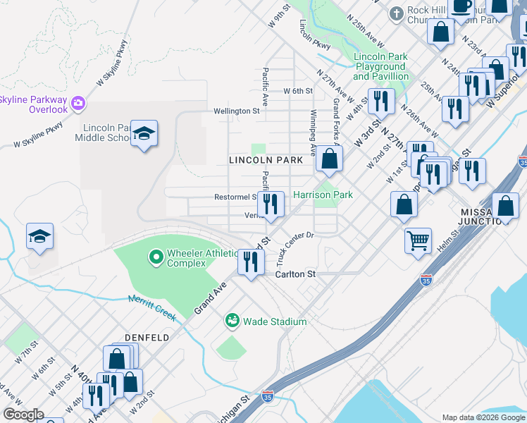 map of restaurants, bars, coffee shops, grocery stores, and more near 3153 Vernon Street in Duluth