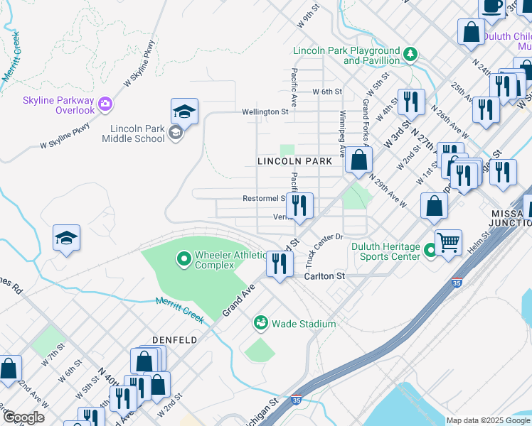 map of restaurants, bars, coffee shops, grocery stores, and more near 3217 Vernon Street in Duluth