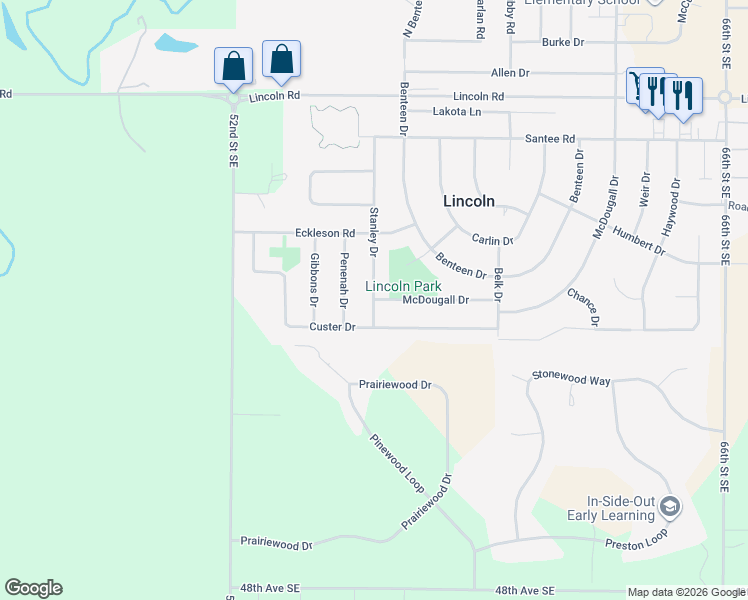 map of restaurants, bars, coffee shops, grocery stores, and more near 1 McDougall Drive in Lincoln