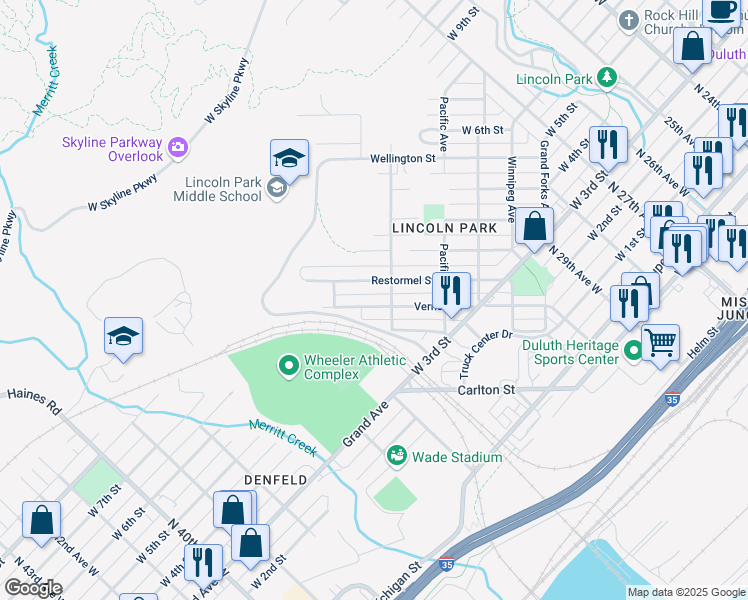 map of restaurants, bars, coffee shops, grocery stores, and more near 3313 Vernon Street in Duluth