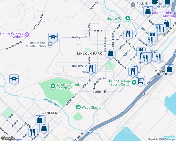 map of restaurants, bars, coffee shops, grocery stores, and more near 3153 Vernon Street in Duluth