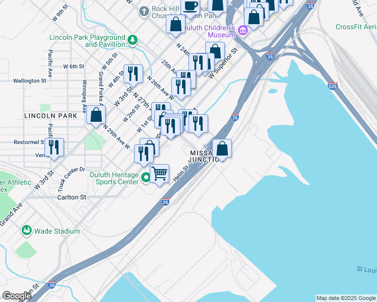 map of restaurants, bars, coffee shops, grocery stores, and more near 215 S 27th Avenue West in Duluth