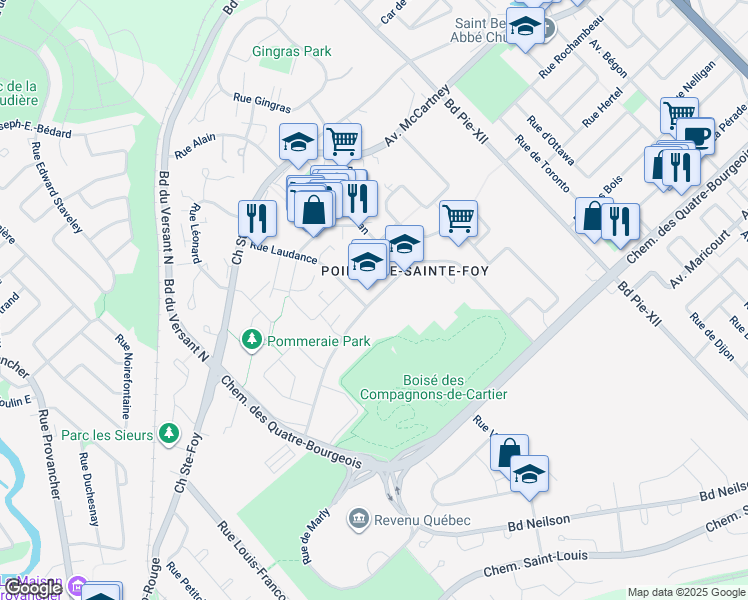 map of restaurants, bars, coffee shops, grocery stores, and more near Avenue des Compagnons in Ville de Québec