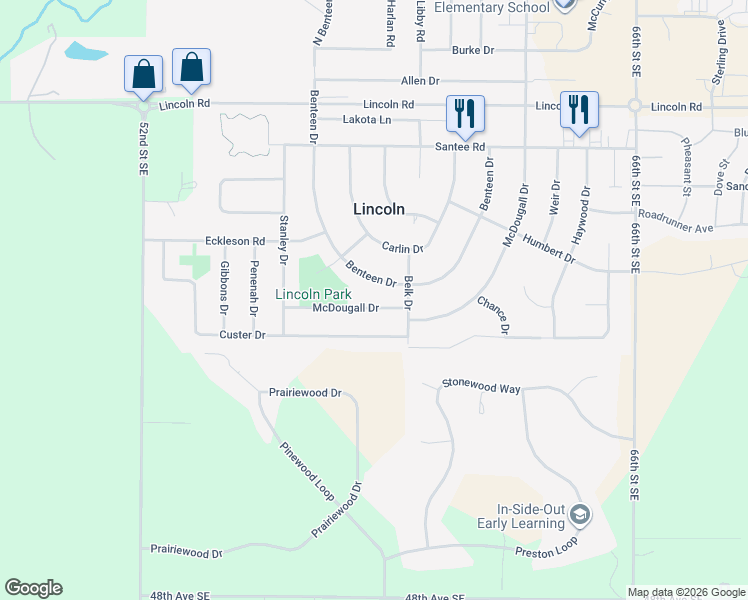 map of restaurants, bars, coffee shops, grocery stores, and more near 1-39 McDougall Drive in Lincoln