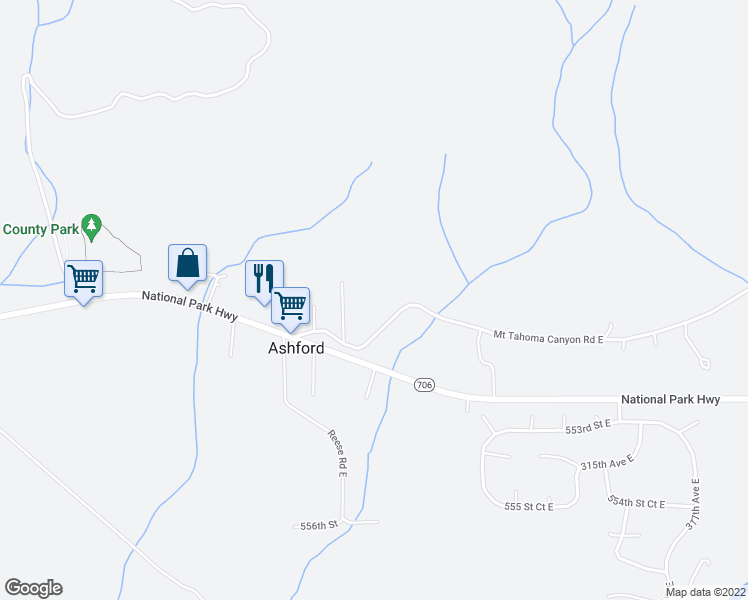 map of restaurants, bars, coffee shops, grocery stores, and more near 30715 Mount Tahoma Canyon Road East in Ashford