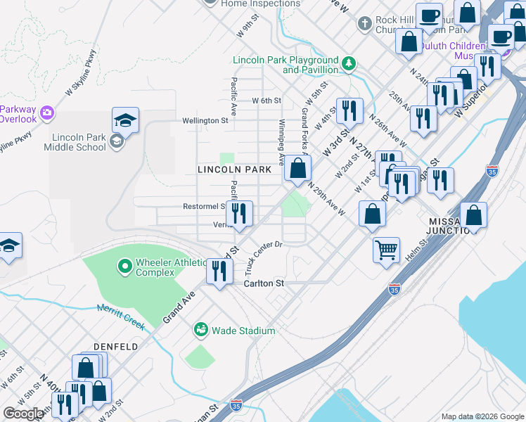 map of restaurants, bars, coffee shops, grocery stores, and more near 3101 Vernon Street in Duluth