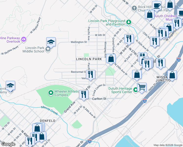 map of restaurants, bars, coffee shops, grocery stores, and more near 3153 Vernon Street in Duluth