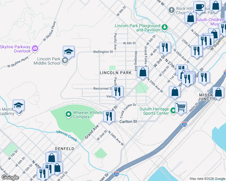 map of restaurants, bars, coffee shops, grocery stores, and more near 3153 Vernon Street in Duluth