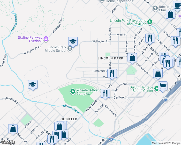 map of restaurants, bars, coffee shops, grocery stores, and more near 3315 Vernon Street in Duluth