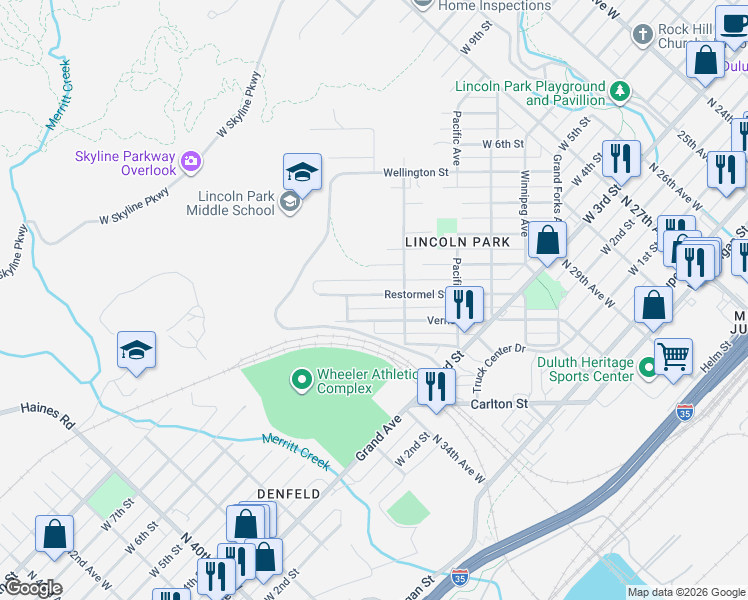 map of restaurants, bars, coffee shops, grocery stores, and more near 3315 Vernon Street in Duluth