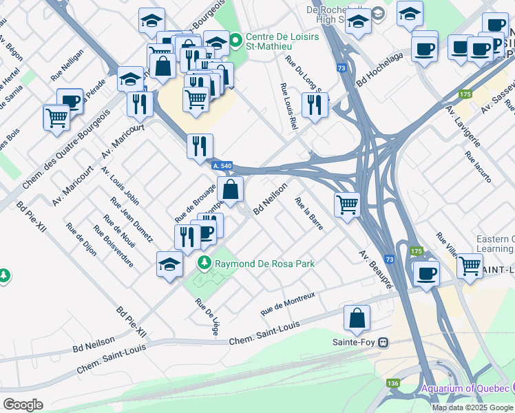 map of restaurants, bars, coffee shops, grocery stores, and more near 3132 Boulevard Neilson in Ville de Québec