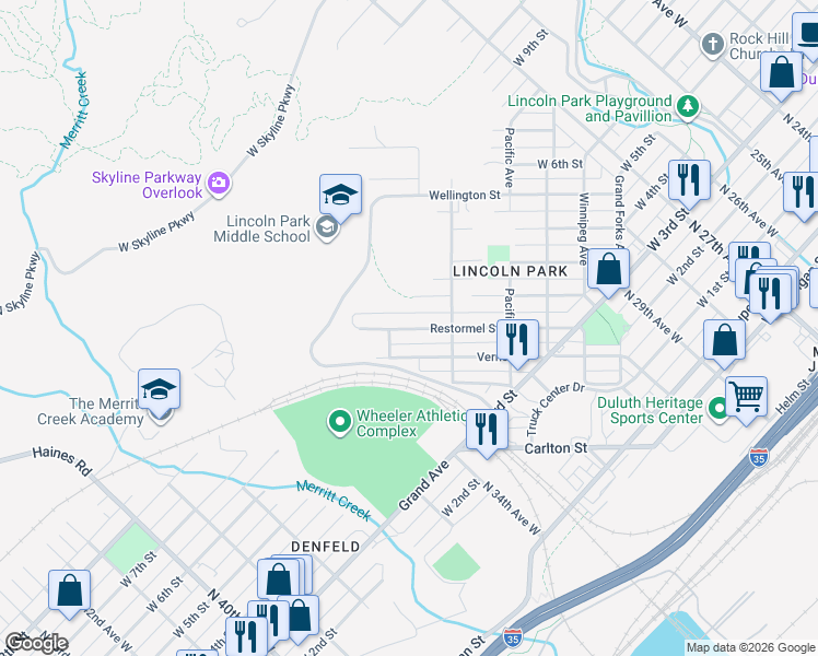 map of restaurants, bars, coffee shops, grocery stores, and more near 3337 Restormel Street in Duluth