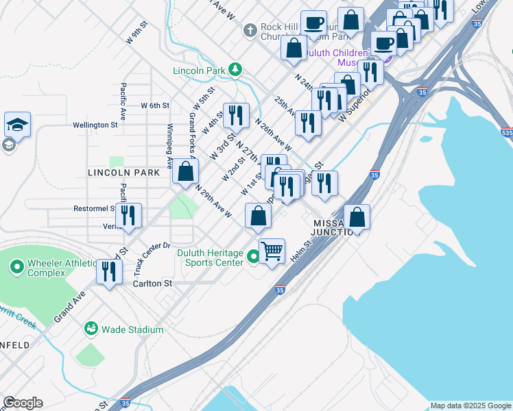 map of restaurants, bars, coffee shops, grocery stores, and more near 2711 West Superior Street in Duluth