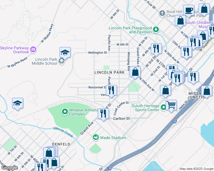 map of restaurants, bars, coffee shops, grocery stores, and more near 3105 Restormel Street in Duluth