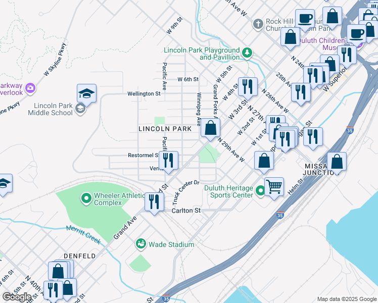 map of restaurants, bars, coffee shops, grocery stores, and more near 2958 Devonshire Street in Duluth