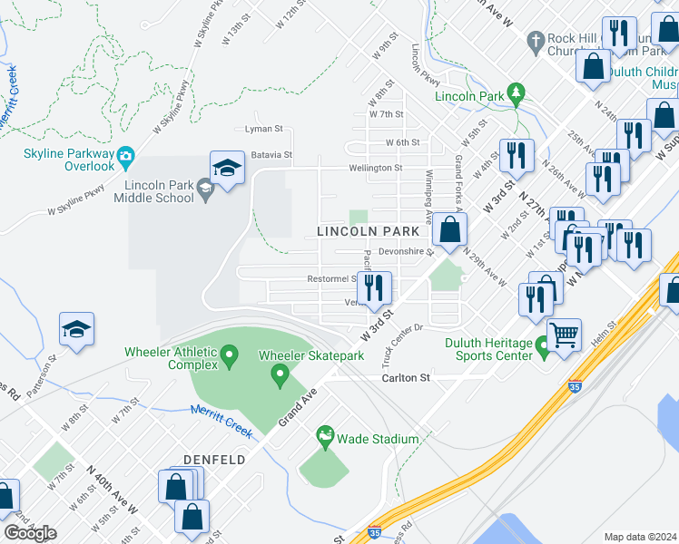 map of restaurants, bars, coffee shops, grocery stores, and more near 3110 Devonshire Street in Duluth