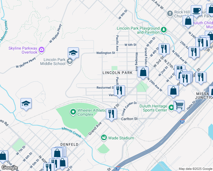 map of restaurants, bars, coffee shops, grocery stores, and more near 3110 Devonshire Street in Duluth