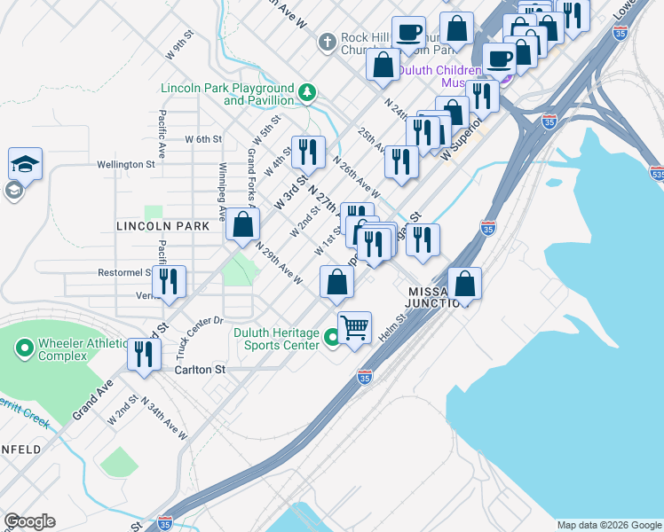 map of restaurants, bars, coffee shops, grocery stores, and more near 9 North 28th Avenue West in Duluth