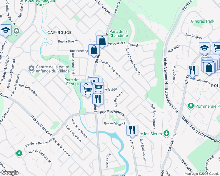 map of restaurants, bars, coffee shops, grocery stores, and more near 4020 Rue de la Scie in Québec
