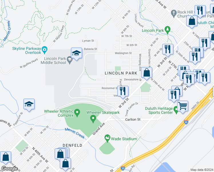 map of restaurants, bars, coffee shops, grocery stores, and more near 3139 Restormel Street in Duluth