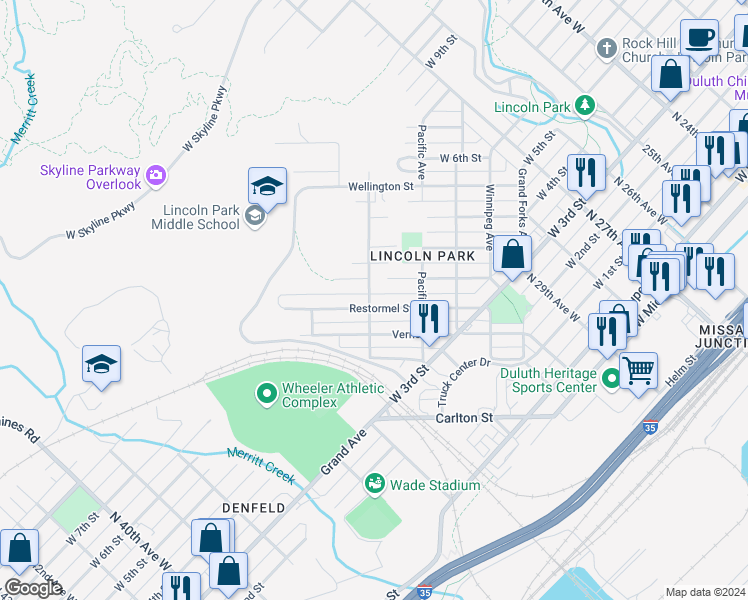 map of restaurants, bars, coffee shops, grocery stores, and more near 3141 Restormel Street in Duluth