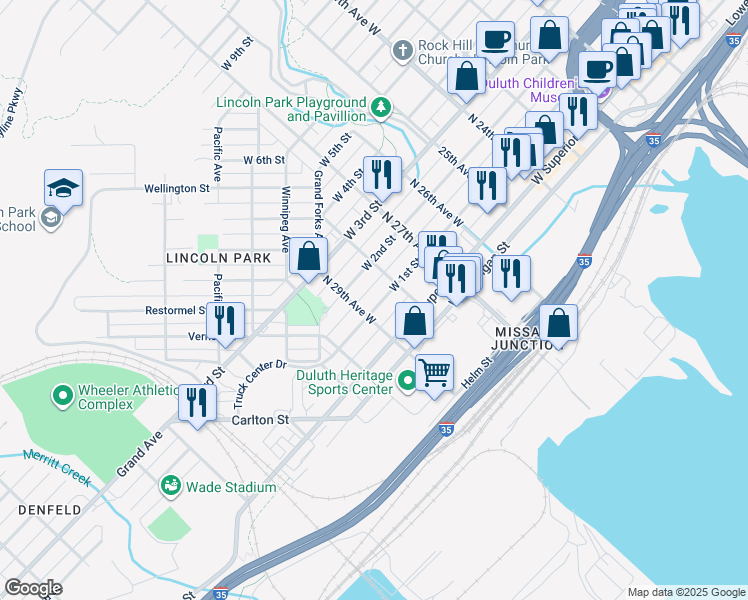 map of restaurants, bars, coffee shops, grocery stores, and more near 2801 West 1st Street in Duluth