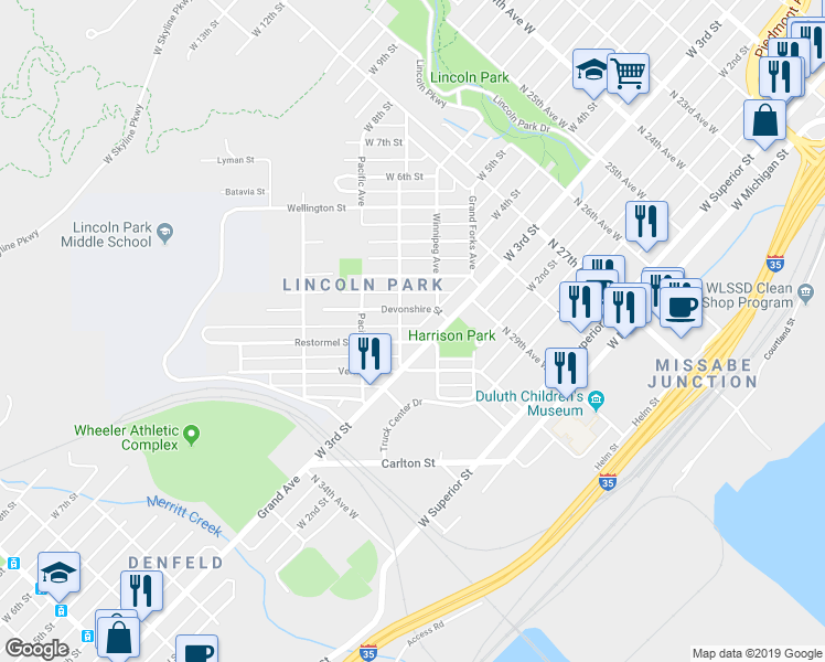 map of restaurants, bars, coffee shops, grocery stores, and more near 423 Michigan Avenue in Duluth