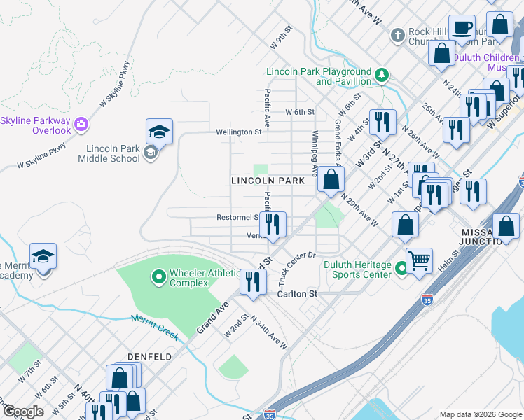map of restaurants, bars, coffee shops, grocery stores, and more near 3052 Devonshire Street in Duluth