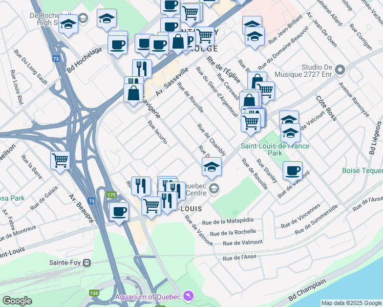 map of restaurants, bars, coffee shops, grocery stores, and more near 4530 Rue de Montréal in Québec