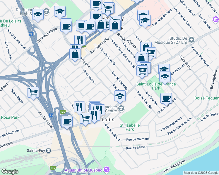 map of restaurants, bars, coffee shops, grocery stores, and more near 3555 Rue de Montréal in Ville de Québec