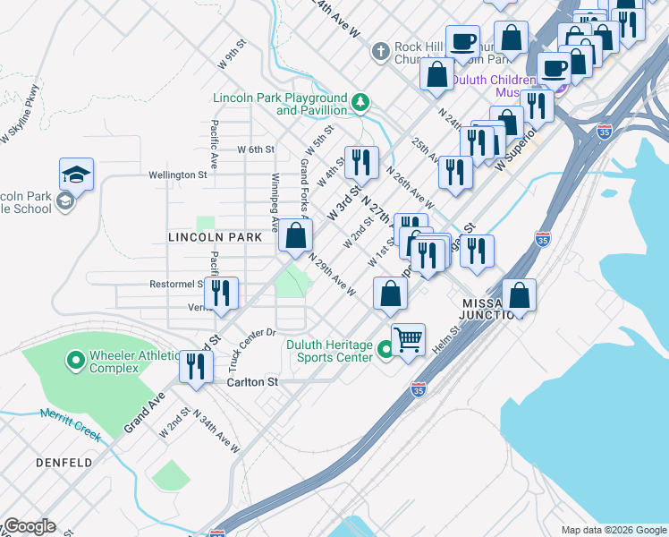 map of restaurants, bars, coffee shops, grocery stores, and more near 2826 West 2nd Street in Duluth