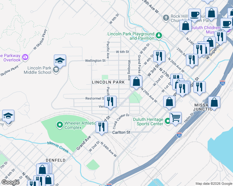 map of restaurants, bars, coffee shops, grocery stores, and more near 423 Michigan Avenue in Duluth