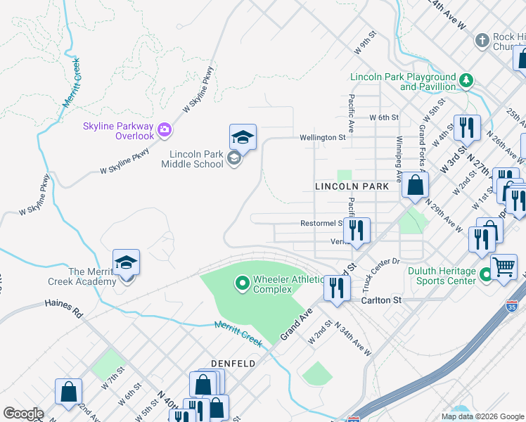 map of restaurants, bars, coffee shops, grocery stores, and more near 3337 Restormel Street in Duluth