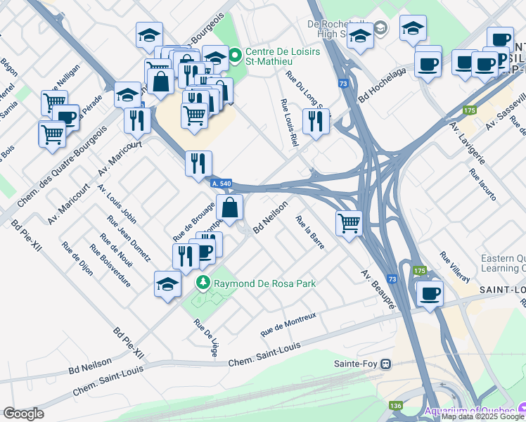 map of restaurants, bars, coffee shops, grocery stores, and more near 3130 Boulevard Neilson in Ville de Québec
