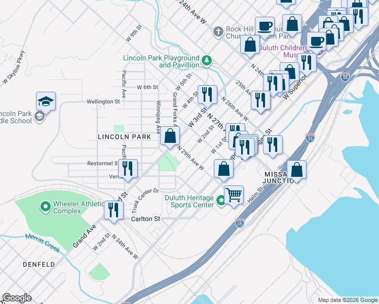 map of restaurants, bars, coffee shops, grocery stores, and more near 2829 West 2nd Street in Duluth