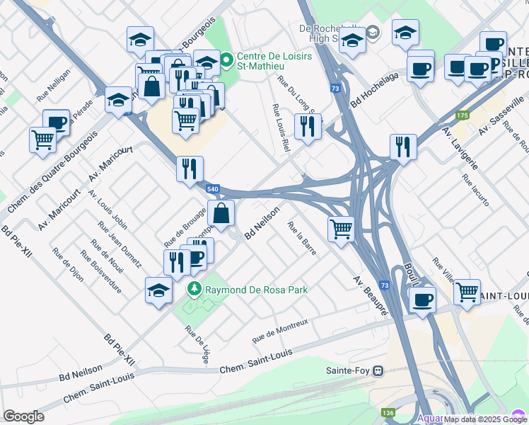 map of restaurants, bars, coffee shops, grocery stores, and more near 3120 Boulevard Neilson in Ville de Québec