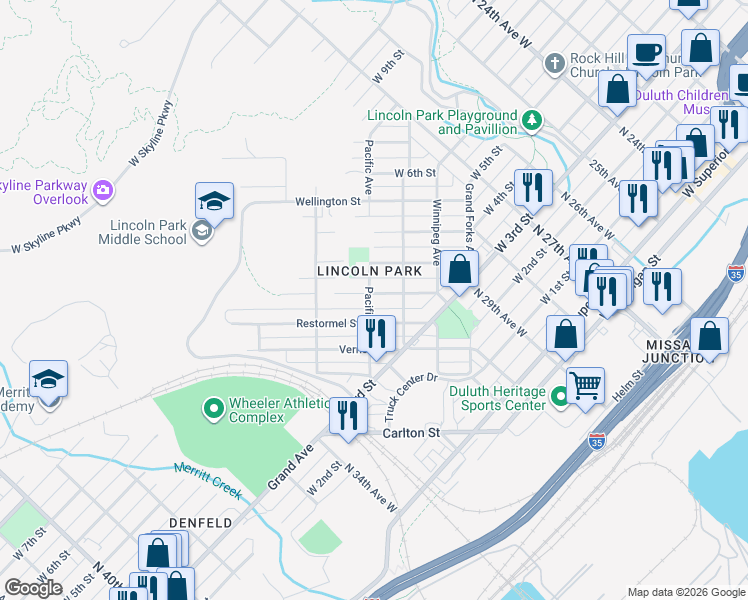 map of restaurants, bars, coffee shops, grocery stores, and more near 3022 Devonshire Street in Duluth