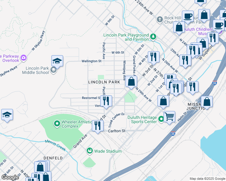 map of restaurants, bars, coffee shops, grocery stores, and more near 423 Michigan Avenue in Duluth