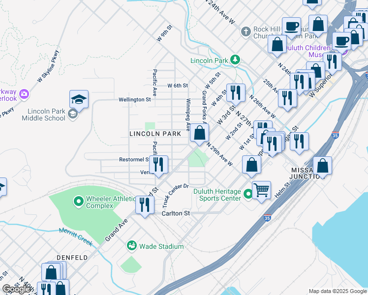 map of restaurants, bars, coffee shops, grocery stores, and more near 2958 Devonshire Street in Duluth