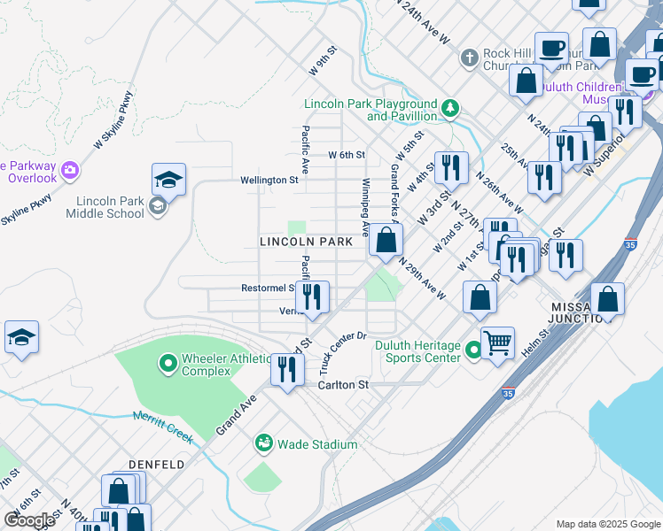map of restaurants, bars, coffee shops, grocery stores, and more near 423 Michigan Avenue in Duluth