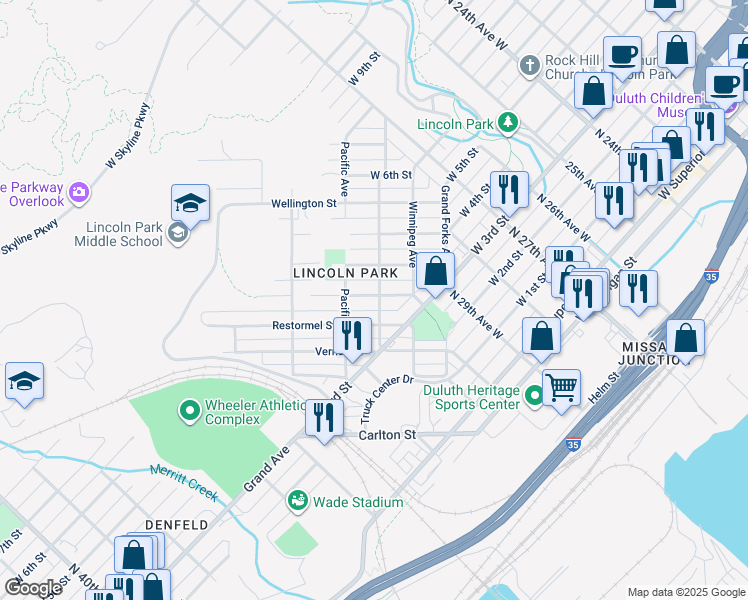map of restaurants, bars, coffee shops, grocery stores, and more near 423 Michigan Avenue in Duluth