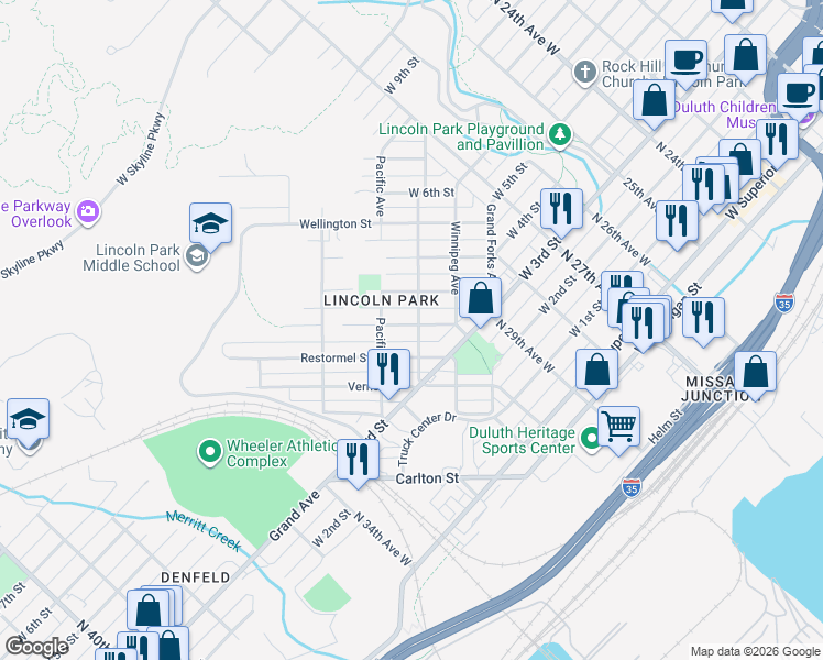 map of restaurants, bars, coffee shops, grocery stores, and more near 423 Michigan Avenue in Duluth