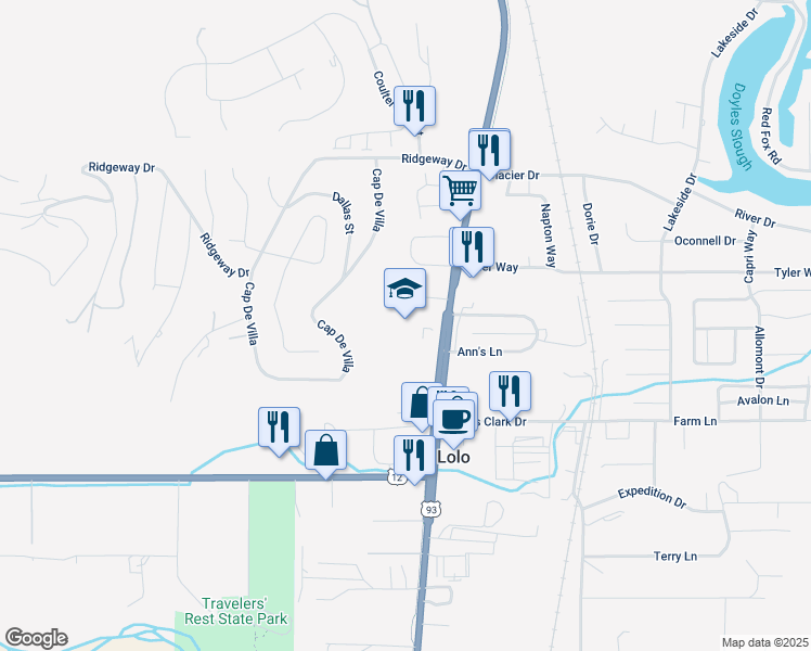 map of restaurants, bars, coffee shops, grocery stores, and more near 11395 U.S. 93 in Lolo