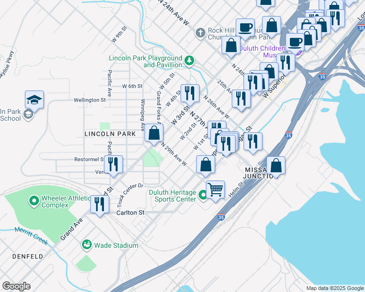 map of restaurants, bars, coffee shops, grocery stores, and more near 2826 West 2nd Street in Duluth