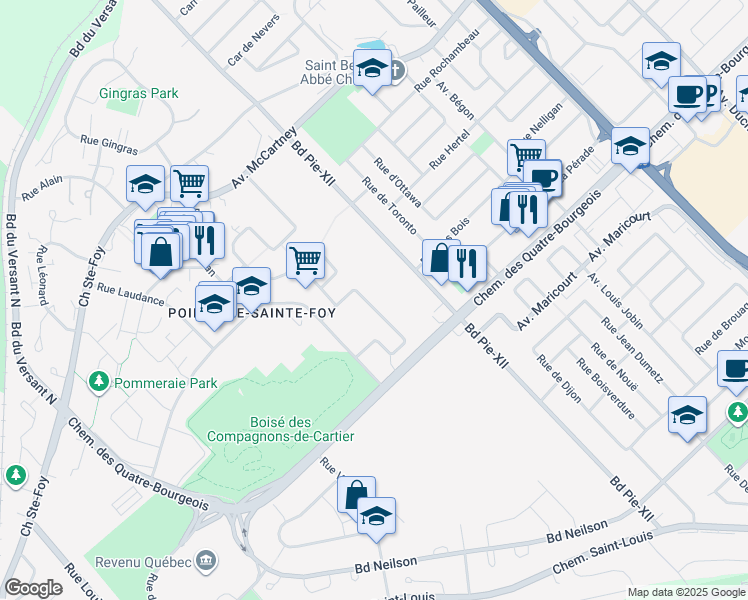 map of restaurants, bars, coffee shops, grocery stores, and more near 903 Rue Senneterre in Québec