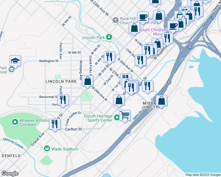 map of restaurants, bars, coffee shops, grocery stores, and more near 2801 West 1st Street in Duluth