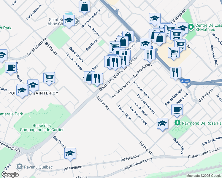 map of restaurants, bars, coffee shops, grocery stores, and more near 3458 Carré de Tilly in Ville de Québec