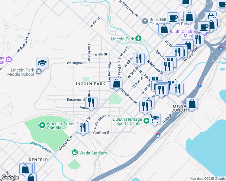 map of restaurants, bars, coffee shops, grocery stores, and more near 2958 Devonshire Street in Duluth