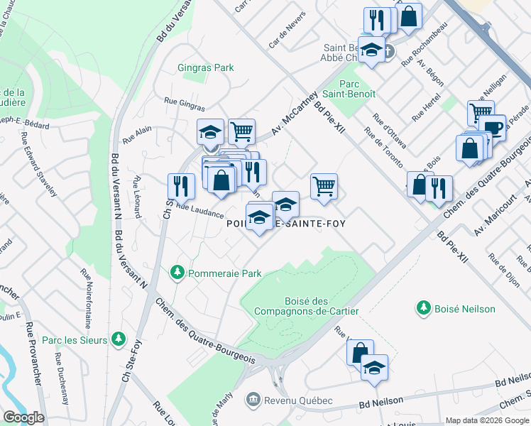 map of restaurants, bars, coffee shops, grocery stores, and more near 963 Rue Grandjean in Québec